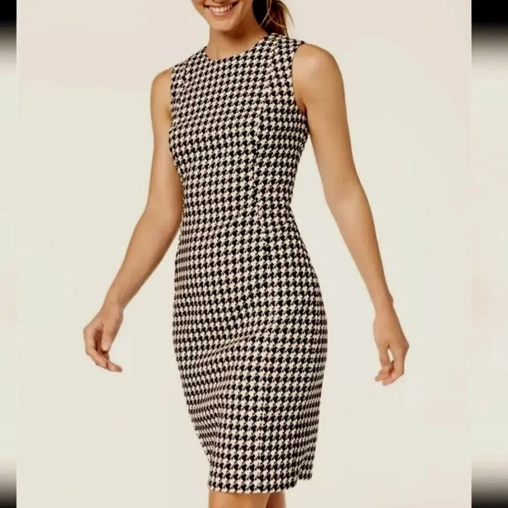 Calvin Klein Black and Tan Houndstooth Fabric Knit Dress